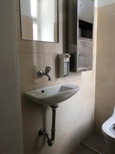 a bathroom with a white sink and a mirror at Hotel Pension Schmellergarten in Munich