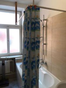 a bathroom with a shower curtain with a tub and a sink at Hotel Pension Schmellergarten in Munich