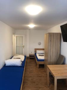 a small room with two beds and a table at Hotel Pension Schmellergarten in Munich