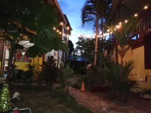 a courtyard of a house with palm trees and lights at Hotel BAHÍA in Tela
