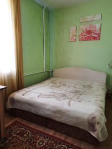 a bed in a room with green walls at Квартира возле парка Б. Хмельницкого (центр) из первых рук in Chernihiv