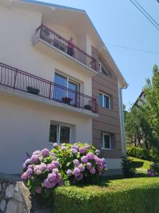 um edifício com uma varanda com flores roxas em frente em Apartmani Vila Danica em Soko Banja