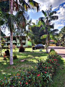 a park with palm trees and flowers in the grass at Hotel Jardim Tropical in Barcarena