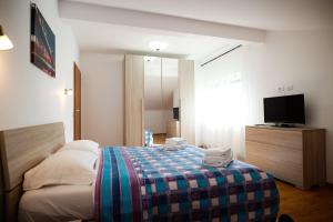 a hotel room with a bed and a television at Green House Alba Iulia in Alba Iulia