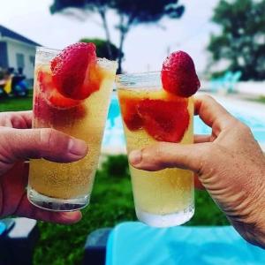 two hands holding two drinks with a strawberry on top at Furnaka Eco Village in Lourinhã