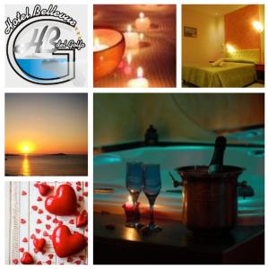 un collage de fotos de un hotel con corazones y copas de vino en Bellevue del Golfo Hotel & Spa, en Sferracavallo