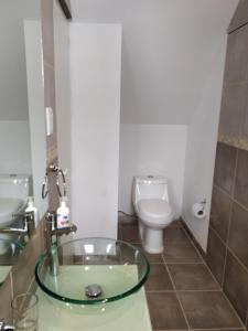 La salle de bains est pourvue d'un lavabo en verre et de toilettes. dans l'établissement Rincon de la Sierra, à Tandil