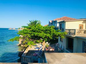a house by the water with chairs and a tree at Jamrock Secret Retreat in Montego Bay