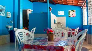 a table with a flower pot on top of it at Pousada Beija-flor in Salinas da Margarida