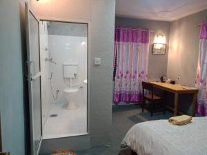 ein Bad mit einer Dusche und einem WC sowie einen Schreibtisch in der Unterkunft Orchid Home Bed & Breakfast pvt ltd in Kathmandu