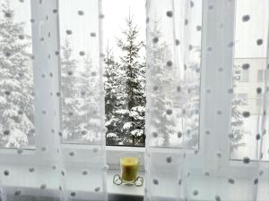 a glass of wine in front of a window with a christmas tree at M&M Apartment VI Self CHECK-IN in Panevėžys