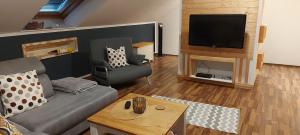 ein Wohnzimmer mit einem Sofa und einem Flachbild-TV in der Unterkunft Ferienwohnung Trommblick - Natur Pur - Rimbach im Odenwald in Rimbach