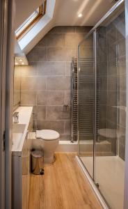 a bathroom with a toilet and a shower at Bright and Luxurious Flat in the Heart of Reading in Reading