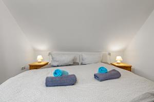 ein Schlafzimmer mit einem Bett mit zwei blauen Handtüchern darauf in der Unterkunft TTP Apartments Immenstaad in Immenstaad am Bodensee