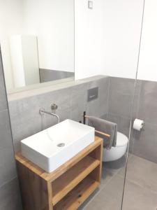 La salle de bains est pourvue d'un lavabo blanc et de toilettes. dans l'établissement Ferien am Wasser, à Wiesbaden