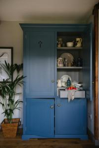 a blue cabinet in a room with a shelf at Elm Tree Cottage in Fivemiletown
