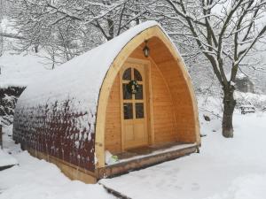 una casa iglú con una puerta en la nieve en Vila Jelena - BUNGALOV en Crni Vrh