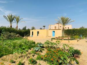 a garden with flowers and a house in the background at خزفستا Khazfista in ‘Izbat an Nāmūs
