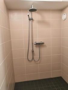 prysznic z wężem w wyłożonej kafelkami łazience w obiekcie Hungerborg City Home w mieście Savonlinna