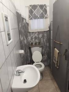 Greenhill Chalets Grootfontein في Grootfontein: حمام صغير مع مرحاض ومغسلة