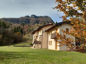 una casa en un campo con una montaña en el fondo en Le Farfalle - un angolo di quiete GREEN a Laghi in provincia di Vicenza, en Stalle Comparetti