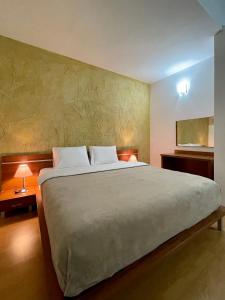 a bedroom with a large bed with two pillows at Dolomiti Apartments in Bansko +49 photos