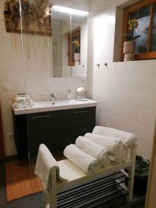 a bathroom with a sink and a mirror and towels at Blumenhof Floraswelten in Altenwörth