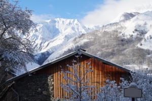 eine Hütte mit einem schneebedeckten Berg im Hintergrund in der Unterkunft Chalet soFlo -5 FLOCONS OR - 3 Vallées - Saint-Martin-de-Belleville-9personnes-130m2 in Saint-Martin-de-Belleville