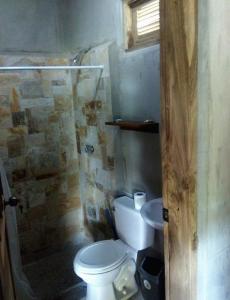 a small bathroom with a toilet and a shower at Ruamoko Hostel in Rivas