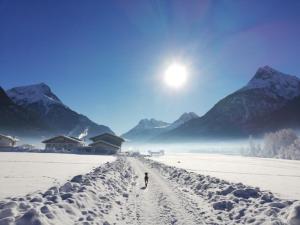 una persona caminando por una carretera cubierta de nieve con montañas en Honzarhof, en Längenfeld