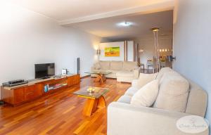 Una sala de estar con un sofá blanco y un televisor. en Condo Magnolia, en Funchal