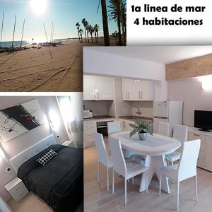 a kitchen and a dining room with a table and chairs at Apartamento Torre Sant Salvador in Comarruga