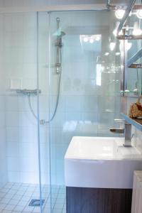 ein Bad mit einem Waschbecken und einer Glasdusche in der Unterkunft le moulin des templiers in Chaudes-Aigues