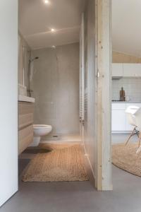 a bathroom with a shower and a toilet at NOYR. tiny house in Nunspeet +13 photos