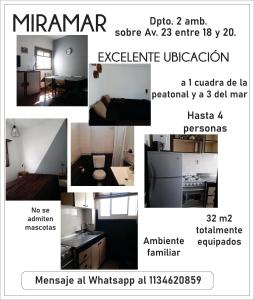 een collage van foto's van een woonkamer en een keuken bij Departamento 2 ambientes en MIRAMAR in Miramar