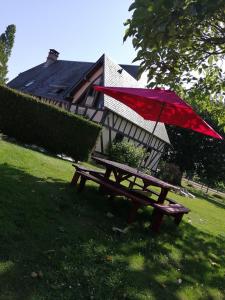 - une table de pique-nique avec un parasol rouge sur l'herbe dans l'établissement Le studio du Pressoir, à Gisay