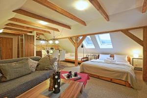 a living room with a bed and a couch at Pension Renata in Harrachov +61 photos