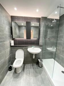 a bathroom with a toilet and a sink and a shower at The Works - Private one bedroom apartment in Manchester +25 photos