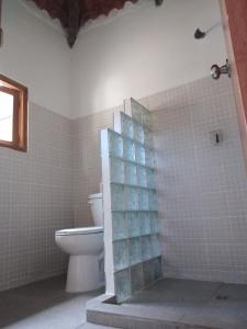 a bathroom with a toilet and a shower with tiles at Bed & Breakfast T.T in Río Hato
