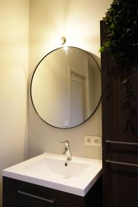 a bathroom with a sink and a large mirror at Margareta Stay in Mechelen