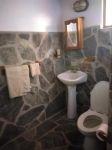 a stone bathroom with a sink and a toilet at Bed & Breakfast T.T in Río Hato
