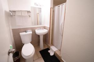 uma casa de banho com um WC, um lavatório e um espelho. em Stay Inn Suite em Stockton