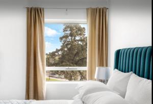 a bedroom with a bed and a large window at Forest of Dreams in Adelaide