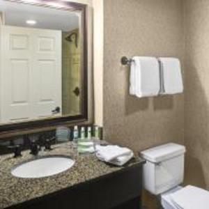 a bathroom with a sink and a toilet and a mirror at Holiday Inn Express Hotel & Suites Atlanta Buckhead, an IHG Hotel in Atlanta