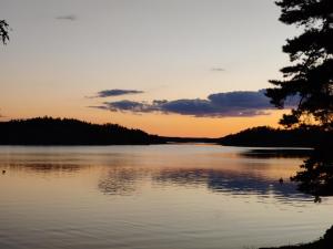 
a lake with trees and a sunset at Pensar Hotelli & Ravintola Sandvik in Nauvo
