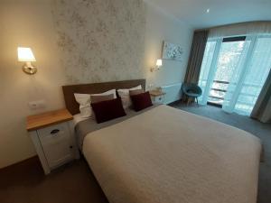 um quarto de hotel com uma cama grande e uma janela em Nobila Sinaia em Sinaia