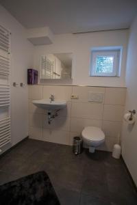 a bathroom with a toilet and a sink at Im Reuter FEWO2 in Sinsheim