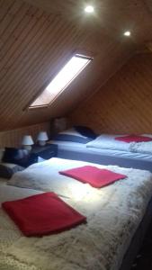 sypialnia z 2 łóżkami i czerwonymi poduszkami w obiekcie Ferienwohnungen Langer w mieście Altenberg