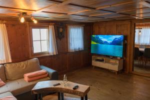 a living room with a couch and a flat screen tv at Moserhuus in Furna