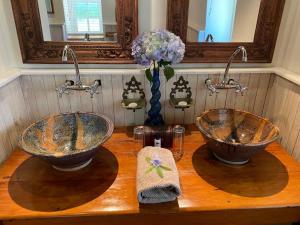 two sinks on a wooden counter in a bathroom at Bredon Cottage in Hogsback